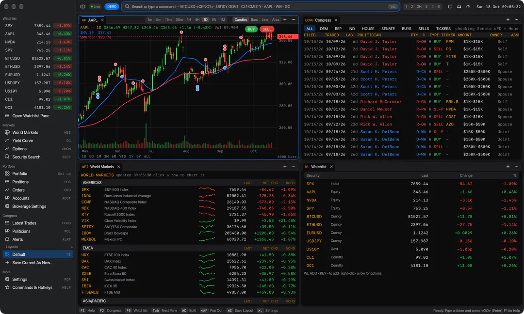 terminal-rs on macOS in the dark theme: a watchlist and an AAPL chart with congressional trade markers